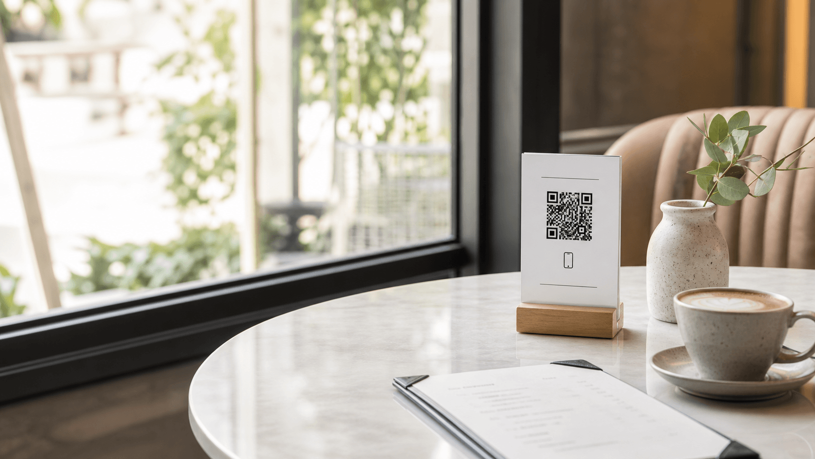 QR table sign on a cafe table beside coffee and a menu